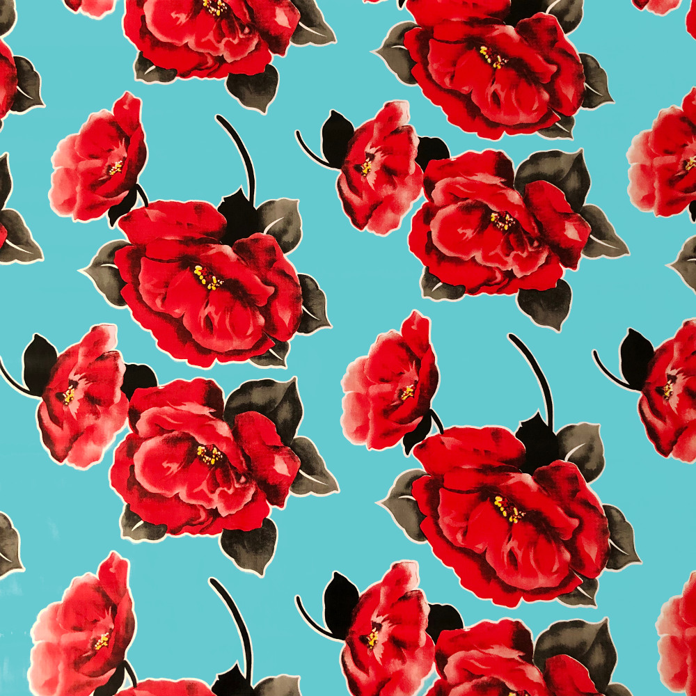 Mexican Oilcloth Red Flower Pale Blue - BenElke